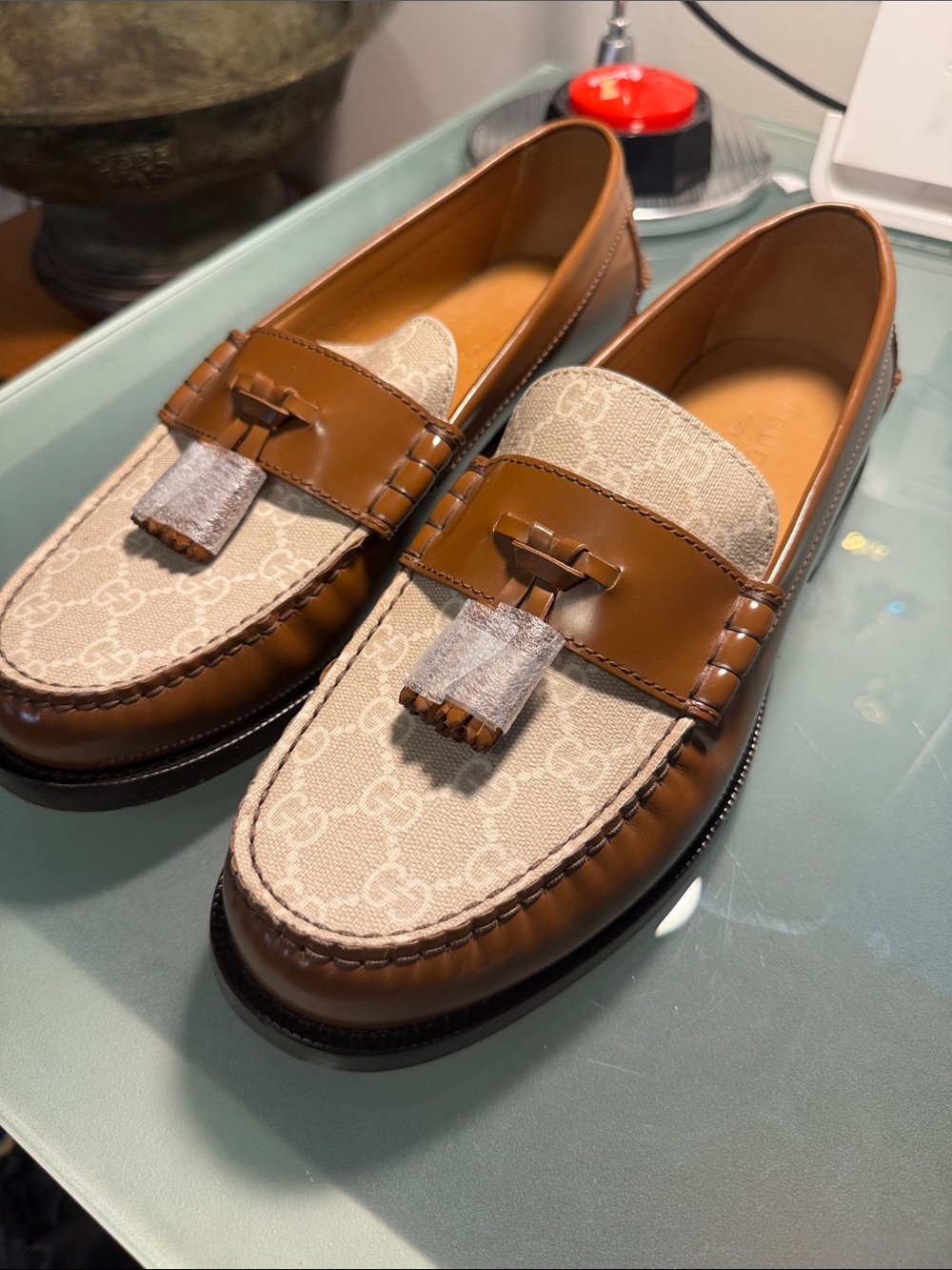 Gucci Brown Leather & Beige Monogram Tassel Loafers